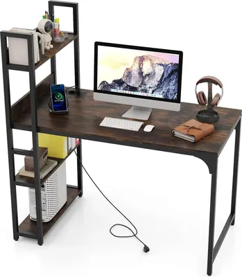 Zdjęcie produktu dla Biurko – biurko komputerowe – ze stacją ładującą, portami USB i gniazdkami – otwarta półka – blat drewniany i metalowa rama – 120 x 65 cm – prostokątne – brązowe