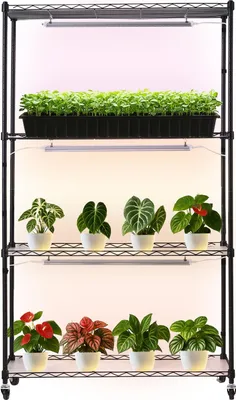 Obrázok produktu pre Regál na rastliny s LED pestovateľským svetlom (lampou na rastliny) - 4-stupňový stojan na rastliny - 90 × 35 × 150 cm - 90 W plné spektrum 3 farby - S kolieskami - Kovový regál na pestovanie