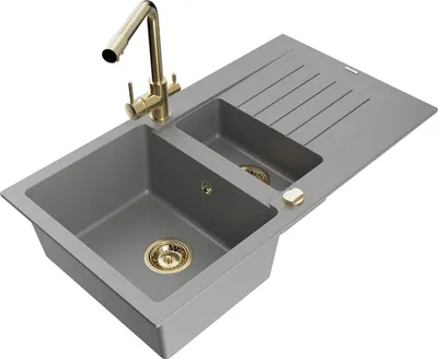 Produktbild von Mexen Matias 1,5-Becken-Granitspüle mit Abtropffläche und Mischbatterie Duero, Grau - 6502-71-671600-50
