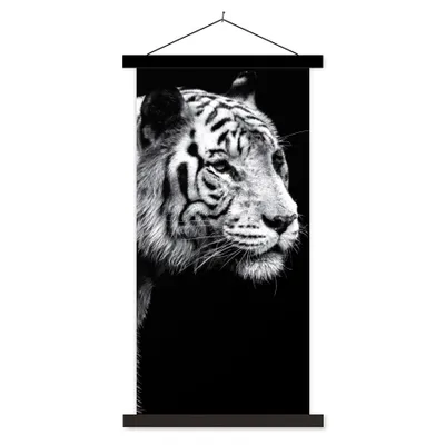 Produktbild von MuchoWow® Textilposter Tierprofil Tiger in schwarz und weiß 40x80 cm mit schwarzem Rahmen - Wandemalerei