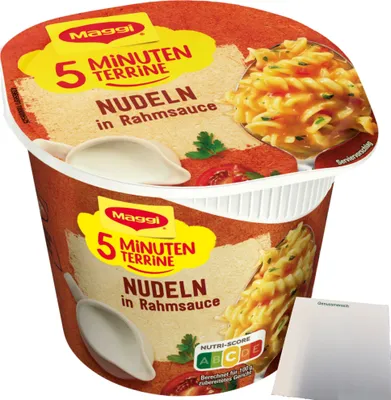 Produktbild von Maggi 5 Minuten Terrine Nudeln in Rahmsoße (61g Packung) + usy Block