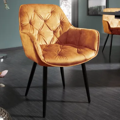 Produktbild von riess-ambiente Design Stuhl MILANO senfgelb Samt mit Armlehne Ziersteppung gepolstert schwarze Metallbeine Esszimmerstuhl Konferenzstuhl