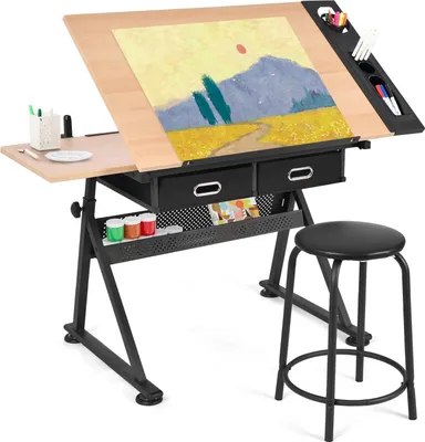 Produktbild von GOPLUS Zeichentisch Neigungsverstellbar & Höhenverstellbar, Schreibtisch mit Hocker & 2 Schubladen, Architektentisch, Bürotisch