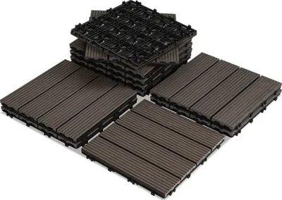 Zdjęcie produktu dla Jopassy zestaw 33 płytek zatrzaskowych WPC deski tarasowe 30x30 cm ciemnobrązowe, wygląd deski drewnianej z systemem zatrzaskowym