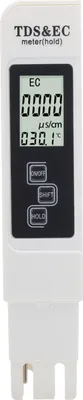 A white TDS and EC meter with a digital display and buttons.