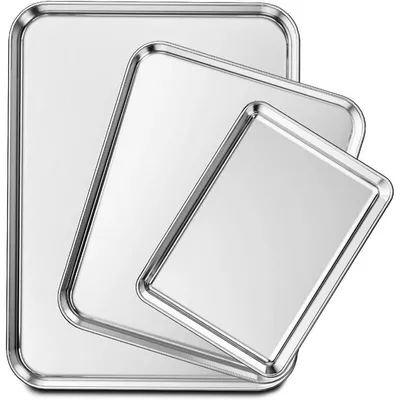 Image de Set de plaques à pâtisserie en acier inoxydable 3 pièces, 22,9/30,5/40,6 cm, non toxiques, résistantes, faciles à nettoyer