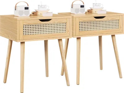 Produktbild von Yaheetech Nachttisch 2er Set mit Schublade Nachtschrank Beistelltisch Rattan Nachtkommode Holzbeine Sofatisch Boxspringbett Nachtkommode 48,5 cm L × 41 cm B × 57,5 cm H, Hellbraun