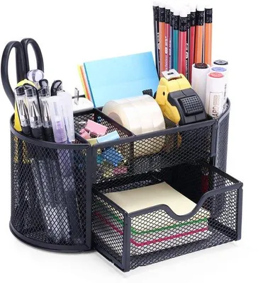 Image de Organisateur de bureau Unyqoos® – en métal ajouré, avec 8 compartiments + un tiroir, empilable, design robuste pour les stylos et les fournitures de bureau, idéal pour le travail à domicile