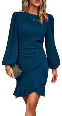 Productafbeelding van Omgoods - Elegante Dames Midi Jurk met Lange Mouwen en Rimpel Details