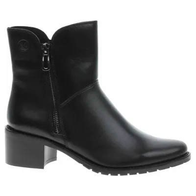 A black leather ankle boot with a side zipper and a block heel, shown from the side against a white background.
