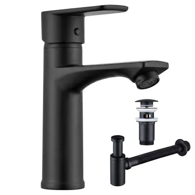 Produktbild von Homelody Wasserhahn Bad Schwarz Einhebelmischer mit Siphon Pop Up Ablaufgarnitur Überlauf Röhrensiphon