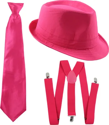 Produktbild von Gangster Kostüm Set I Hut - Hosenträger - Krawatte I Pink