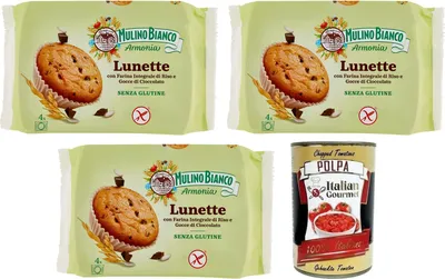 Produktbild von 3x Mulino Bianco Lunette Tortina Senza Glutine,Glutenfreier Kuchen mit Vollkornreismehl und Schokoladentropfen,140g Packung,jede Packung enthält 4 Kuchen + Italian Gourmet Polpa di Pomodoro 400g Dose