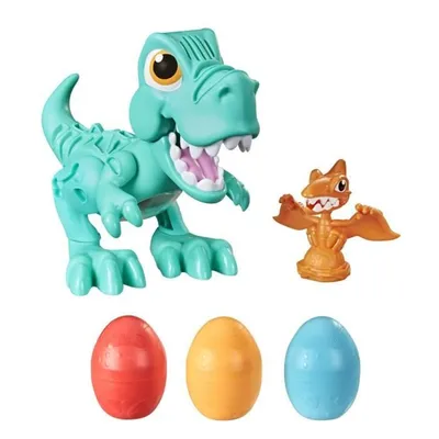 A set of Play-Doh dinosaur toys, including a T-Rex, a Pterodactyl, and three eggs, displayed on a white background.
