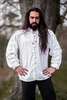 Produktbild von Mittelalterliches Hemd Gustavo aus 100% Baumwolle mit Kordelschnürung, Weiß, XXXL