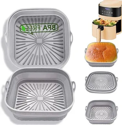 Obrázek produktu pro Silikonové boxy do horkovzdušné fritézy – 2 ks, 20 cm – skládací – opakovaně použitelné – příslušenství k pečícímu papíru – boxy do horkovzdušné fritézy