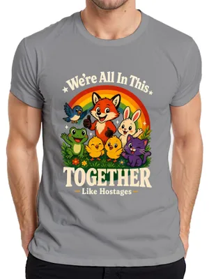 Productafbeelding van "We zitten allemaal in hetzelfde schip, als gijzelaars" - Sarcastische opdruk, heren T-shirt, grijs, maat M