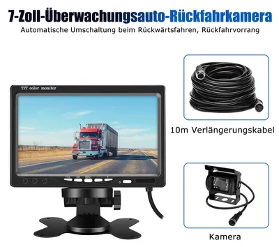 Zdjęcie produktu dla System kamery cofania z 7-calowym monitorem i 2 kamerami, asystent parkowania, tryb noktowizyjny, klasa wodoszczelności IP68, kąt widzenia 120 stopni, kabel o długości 10 metrów, przeznaczony do kamperów, ciężarówek i autobusów
