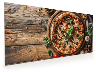 Produktbild von Küchenrückwand Spritzschutz Glas mit Motiv Holztisch Pizza 40 x 40 cm