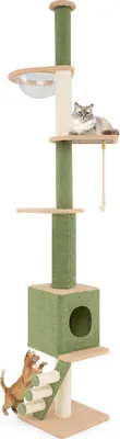 Produktbild von GOPLUS Deckenhoher Kratzbaum, Katzenbaum 218–253 cm höhenverstellbar mit 2 Pfosten, Raumkapsel, Katzenhaus,5-stöckiges Katzenkratzbaum, Grün