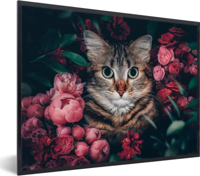 Produktbild von MuchoWow® Gerahmtes Poster Katze - Blumen - Blätter - Botanisch 80x60 cm - Poster mit Schwarzem Bilderrahmen Wandposter Rahmen Foto Bilder - Schwarzem - Mit Gestell