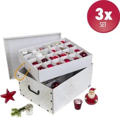 Produktbild von Set: 3 x Weihnachtlicher XL Deko Karton mit Einsätzen für ca. 40 Weihnachtskugeln. Deko: Retro Weiß / Gold