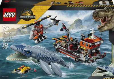 Productafbeelding van LEGO Jurassic World: Mosasaurus-aanval op het schip - Bouwset - Speelset voor rollenspellen met 3 minifiguren en een dinosaurusfiguur - Cadeauidee voor kinderen vanaf 7 jaar - 77983
