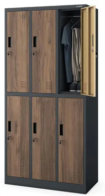 Produktbild von Umkleideschrank Spind IGOR 6 Abteile Etikettenhalter Lüftungsschlitze | Umkleidespind Schließfachschrank Garderobenspind 185x90x45cm Anthrazit-Nussbaum