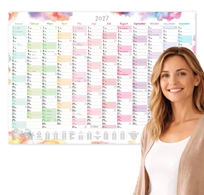 Produktbild von Wandkalender 2027 A2 Aquarell Splash Querformat – Jahresplaner Schulferien DE AT KW große Felder