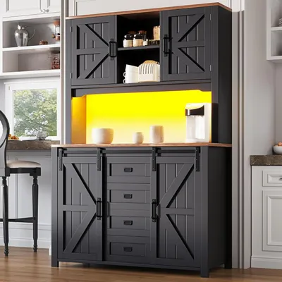 Obrázek produktu pro Kuchyňská skříň/buffet, výška 174,7 cm, černá barva, s LED osvětlením a 2 zásuvkami