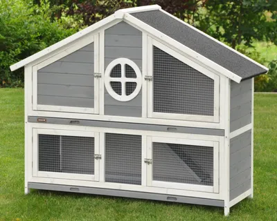 Produktbild von Hasenstall Kleintierstall Momo grau – Durchgang & 2 Metallwannen – 140 × 53 × 110 cm
