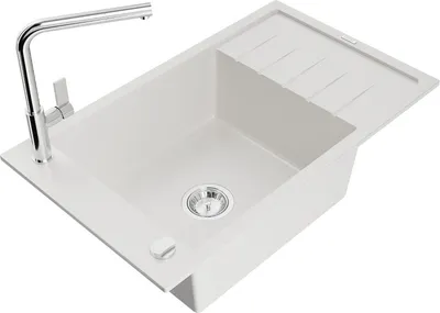 Produktbild von Mexen Elias 1 Becken-Granitspüle mit Abtropffläche und Mischbatterie Flora, Weiß - 6511-20-670401-00