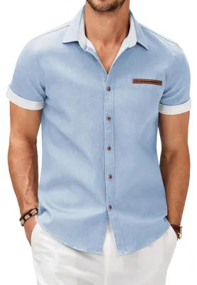 Productafbeelding van Elzusha - Heren Jeans Overhemd Korte Mouwen Slim Fit Katoen Denim Stijl