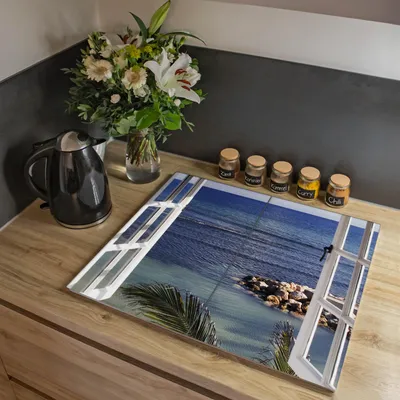 Produktbild von banjado Herdabdeckplatte zweiteilig je 30x52cm groß mit Gummi Abstandshalter, ESG Sicherheitsglas mit Motiv Fensterpanorama [HAP2 10122]