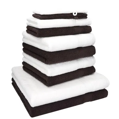 Produktbild von Betz 10-tlg. Handtuch-Set PREMIUM 2 Duschtücher 4 Handtücher 2 Gästetücher 2 Waschhandschuhe  Farbe:  weiss & dunkelbraun
