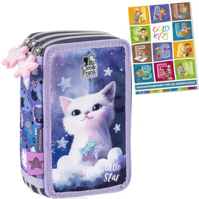 Produktbild von Federmäppchen 3 Fächer - Mäppchen für Mädchen - Federmappe 3-Fach Federtasche Gefüllte Schüleretui Schulmäppchen und Hausaufgabenheft - Katze