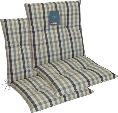 Produktbild von LILENO HOME Gartenstuhl Auflagen als [2er Set - Niedriglehner] in Karo Beige Blau - bequeme Liegen als Sitzauflagen für Gartenmöbel - Stuhlkissen für Gartenstühle und Klappstühle MAR
