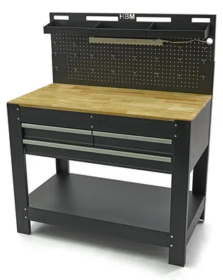 Immagine prodotto di Banco da lavoro professionale con cassetti, ripiani, portautensili, capacità di carico 450 kg, in metallo,nero, con pianale in legno massiccio, arredamento officina con pannello da parete forato e illuminato LED, con ganci e prese USB 230V, 115 cm