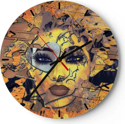 Produktbild von Wanduhr - Rund - Glasuhr - Gesicht Frau - 30x30cm - Schleichendes Uhrwerk - Lautlos - zum Aufhängen bereit - Dekoration Modern - Wanddekoration aus Glas - C3AR30x30-3513