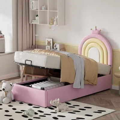 Productafbeelding van Gestoffeerd bed met lade en opbergfunctie voor kinderkamer - Roze, 90x200 cm
