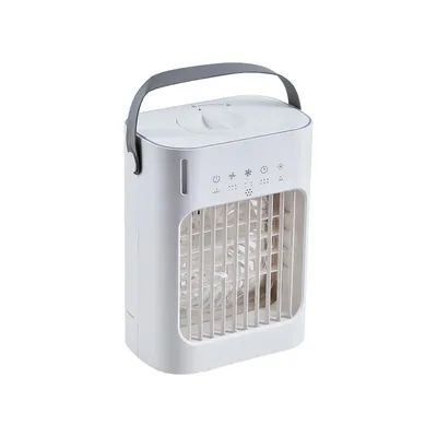 A white portable evaporative cooler with a gray handle is shown against a white background.