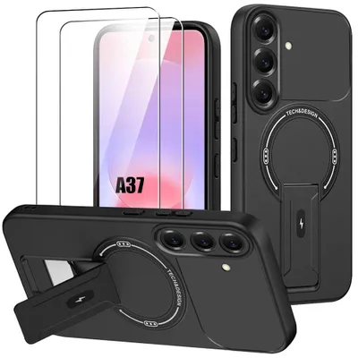 Image de Coque + 2 Verres Trempés pour Samsung Galaxy A37 5G, Silicone avec Cercle Magnétique Support - Noir