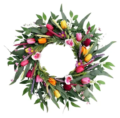 Produktbild von 60 cm großer Frühlingskranz mit Tulpen und Orchideen: Künstlicher Blumenkranz mit Eukalyptusblättern für Ostern, Türdekoration und Garten – Hochwertige Kunstblumen auf Weidenkranz (Mehrfarbig)