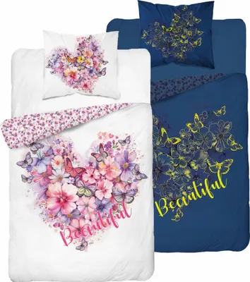 Produktbild von Glow in the Dark Bettwäsche-Set 140x200 Herz mit rosa Blumen