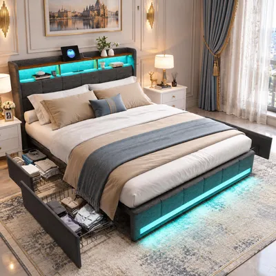 Produktbild von INONEFT Polsterbett 140x190cm mit 4 Schubladen, Jugendbett Doppelbett mit LED und USB/Type-C, Stauraumbett Bettgestell mit Lattenrost, Leinen,Grau