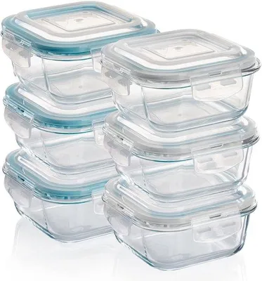 Immagine prodotto di Set di 6 contenitori in vetro Unyqoos® da 370 ml – coperchi ermetici con sistema di chiusura a scatto, vetro borosilicato, adatti al microonde e al forno (senza coperchio), lavabili in lavastoviglie, senza BPA