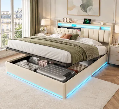 Obrázok produktu pre INONEFT Hydraulická posteľ, 140 x 190 cm, čalúnená posteľ s úložným priestorom a LED osvetlením, dvojlôžko s USB portmi a latkovým roštom, posteľ pre mládež, zamat, béžová