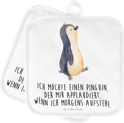 Produktbild von Mr. & Mrs. Panda Topfuntersetzer Pinguin marschieren - Weiß - Geschenk, Bruder, Kochlappen, Spazieren, Aufstehen, 2er Set Topflappen, Pinguine, Applaus, Familie