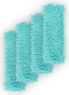 Four teal chenille mop pads arranged in a staggered diagonal pattern on a white background.