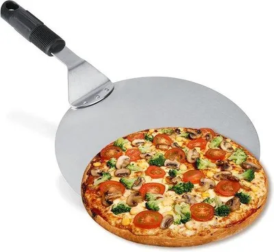 Image de pelle à pizza ronde en acier inoxydable de 10 pouces - Pelle à pizza pour la cuisson des gâteaux - Outil de cuisine et de pâtisserie de restaurant avec poignée antidérapante